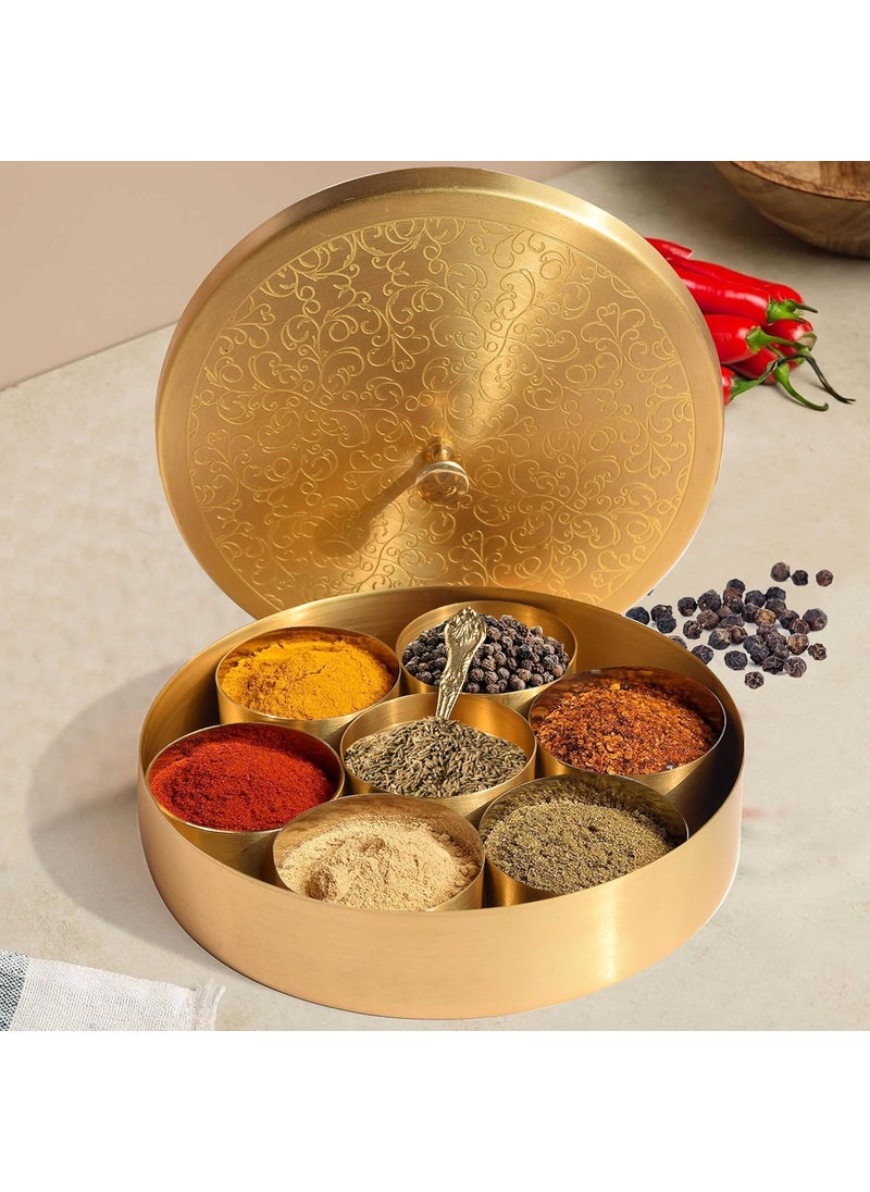 Pure Source India Brass Spice Box, Masala Dabba Masaladani/organisers For Kitchen With Spoon (7 Containers, 80 ml Each) with 1 spoon