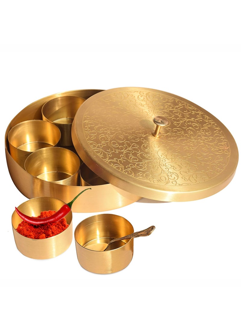 Pure Source India Brass Spice Box, Masala Dabba Masaladani/organisers For Kitchen With Spoon (7 Containers, 80 ml Each) with 1 spoon