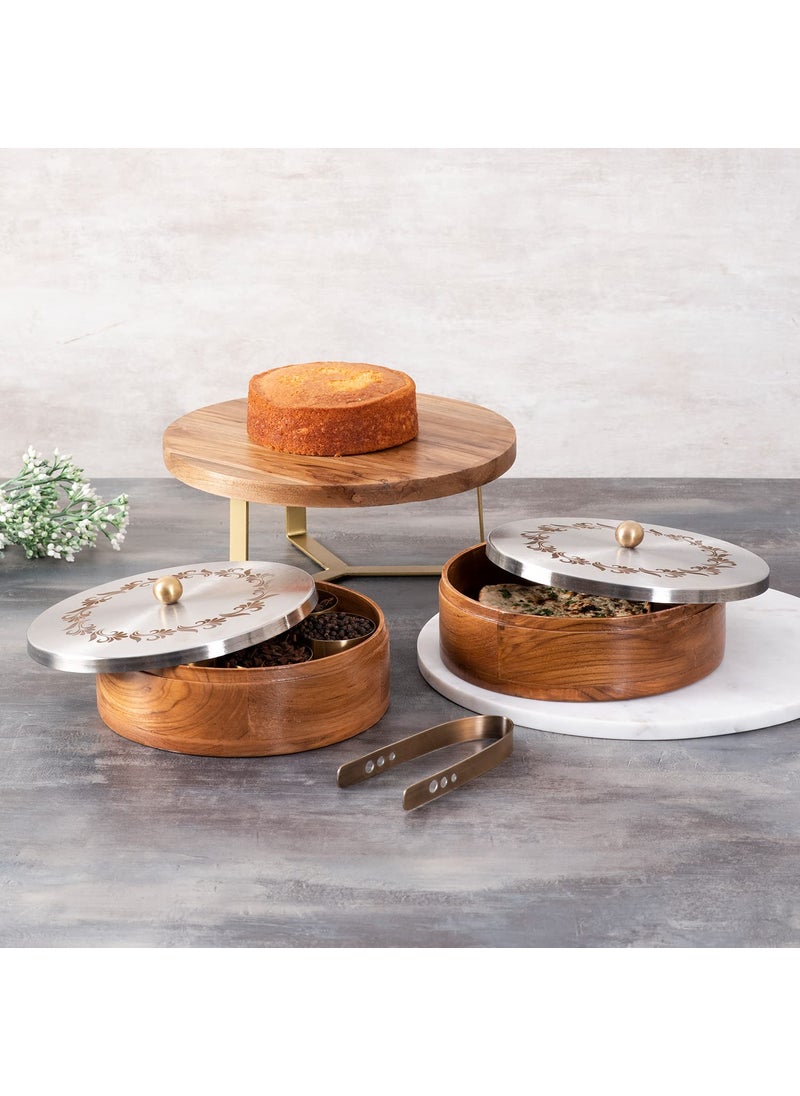 nestroots Masala Box Chapati Box for kitchen with Cake Stand for Party| Wooden spice jar with casserole roti box and cake stand combo (Silver)