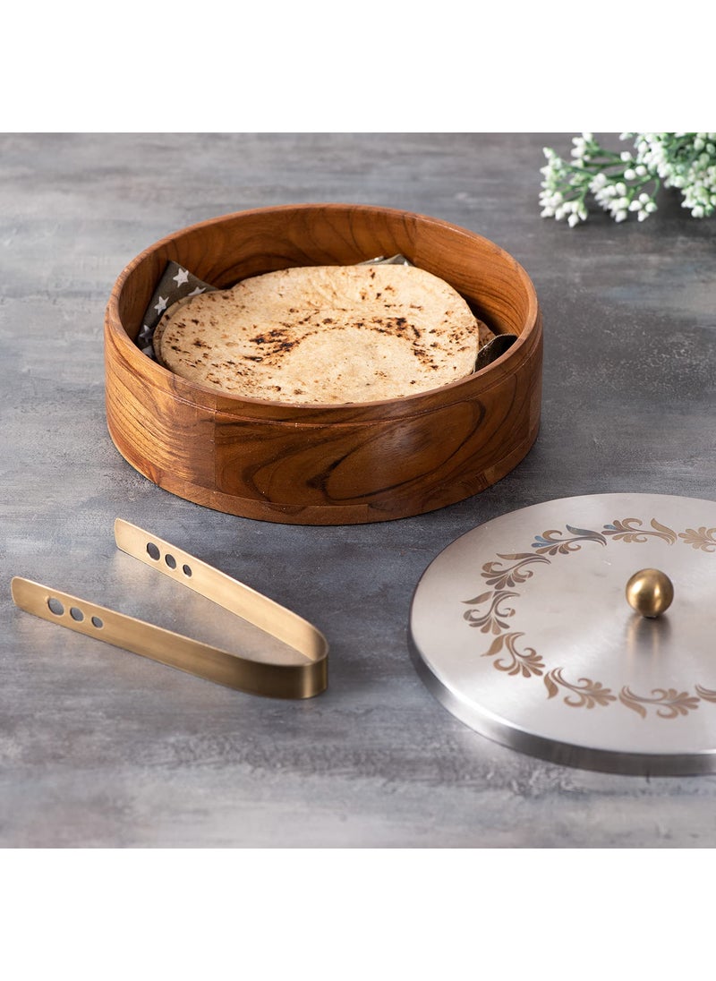 nestroots Masala Box Chapati Box for kitchen with Cake Stand for Party| Wooden spice jar with casserole roti box and cake stand combo (Silver)