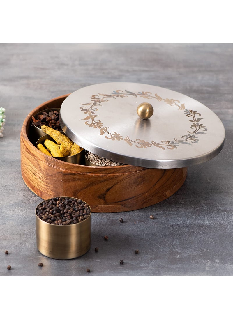 nestroots Masala Box Chapati Box for kitchen with Cake Stand for Party| Wooden spice jar with casserole roti box and cake stand combo (Silver)