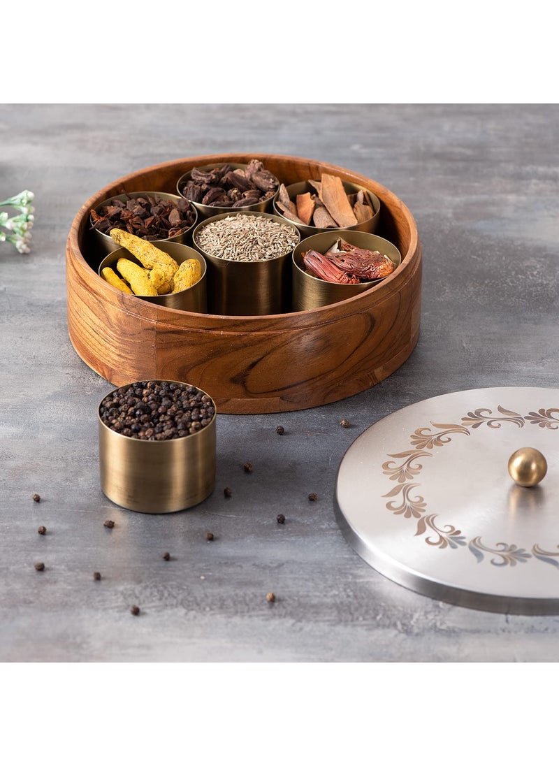 nestroots Masala Box Chapati Box for kitchen with Cake Stand for Party| Wooden spice jar with casserole roti box and cake stand combo (Silver)