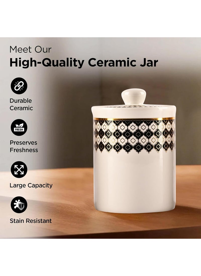 Kuber Industries Set of 3 (700 ml) Airtight Ceramic Salt Jar Set with Ceramic Lid or Holder For Kitchen Condiment | Chini Mitti Pots Container for Achar | Black & Gold print -White