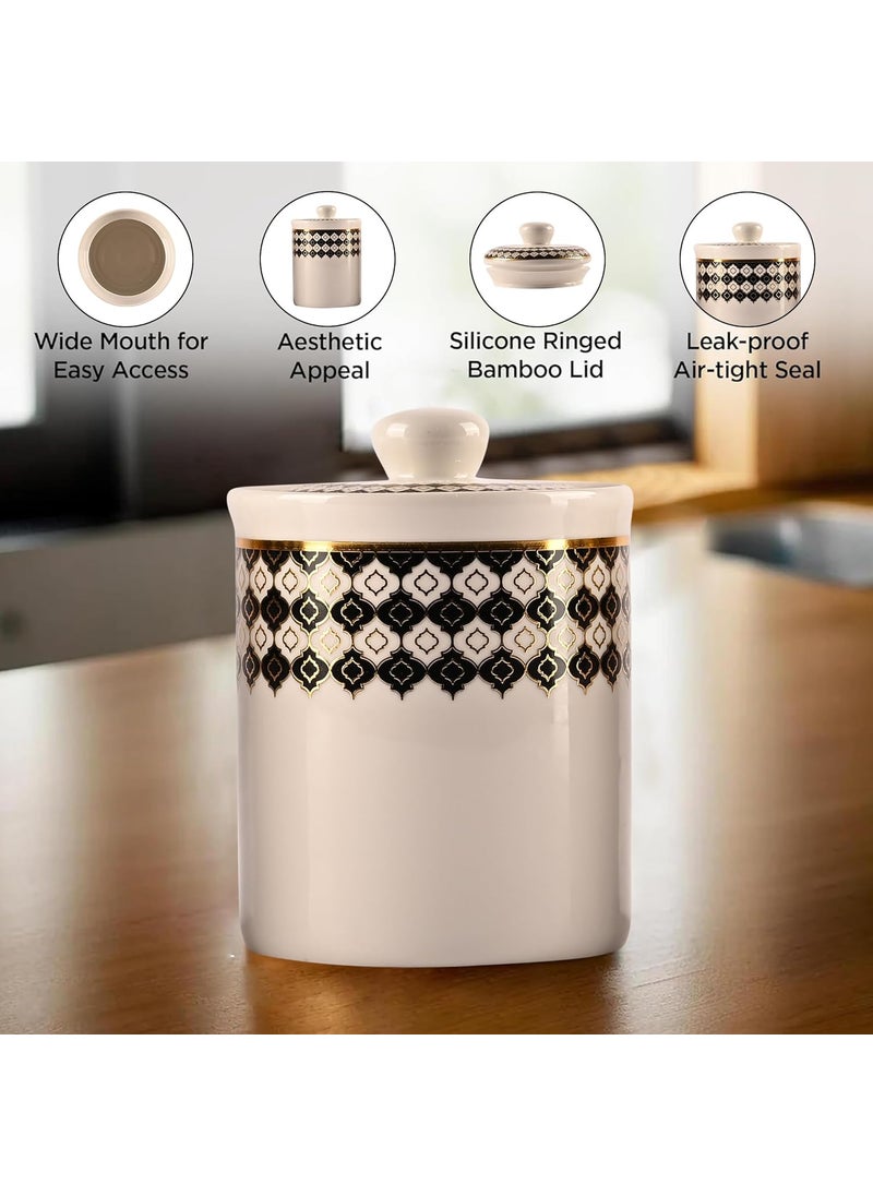 Kuber Industries Set of 3 (700 ml) Airtight Ceramic Salt Jar Set with Ceramic Lid or Holder For Kitchen Condiment | Chini Mitti Pots Container for Achar | Black & Gold print -White
