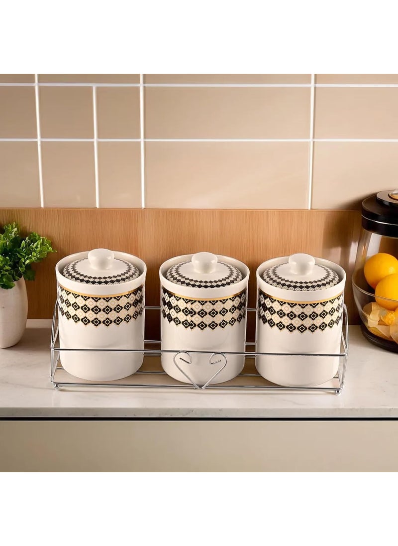 Kuber Industries Set of 3 (700 ml) Airtight Ceramic Salt Jar Set with Ceramic Lid or Holder For Kitchen Condiment | Chini Mitti Pots Container for Achar | Black & Gold print -White