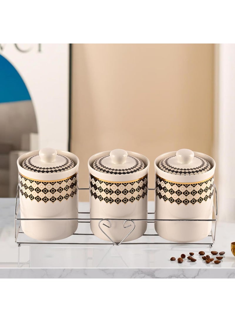 Kuber Industries Set of 3 (700 ml) Airtight Ceramic Salt Jar Set with Ceramic Lid or Holder For Kitchen Condiment | Chini Mitti Pots Container for Achar | Black & Gold print -White