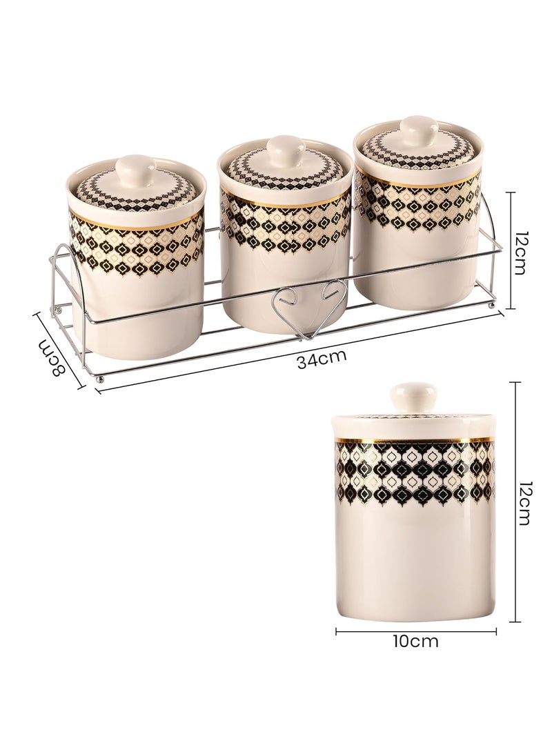 Kuber Industries Set of 3 (700 ml) Airtight Ceramic Salt Jar Set with Ceramic Lid or Holder For Kitchen Condiment | Chini Mitti Pots Container for Achar | Black & Gold print -White