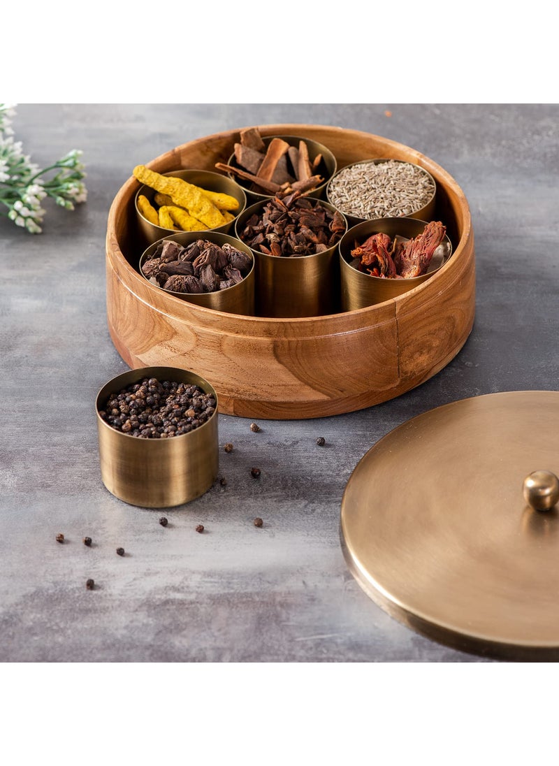 nestroots Masala Box Chapati Box for kitchen with Cake Stand for Party| Wooden spice jar with casserole roti box and cake stand combo (Gold)
