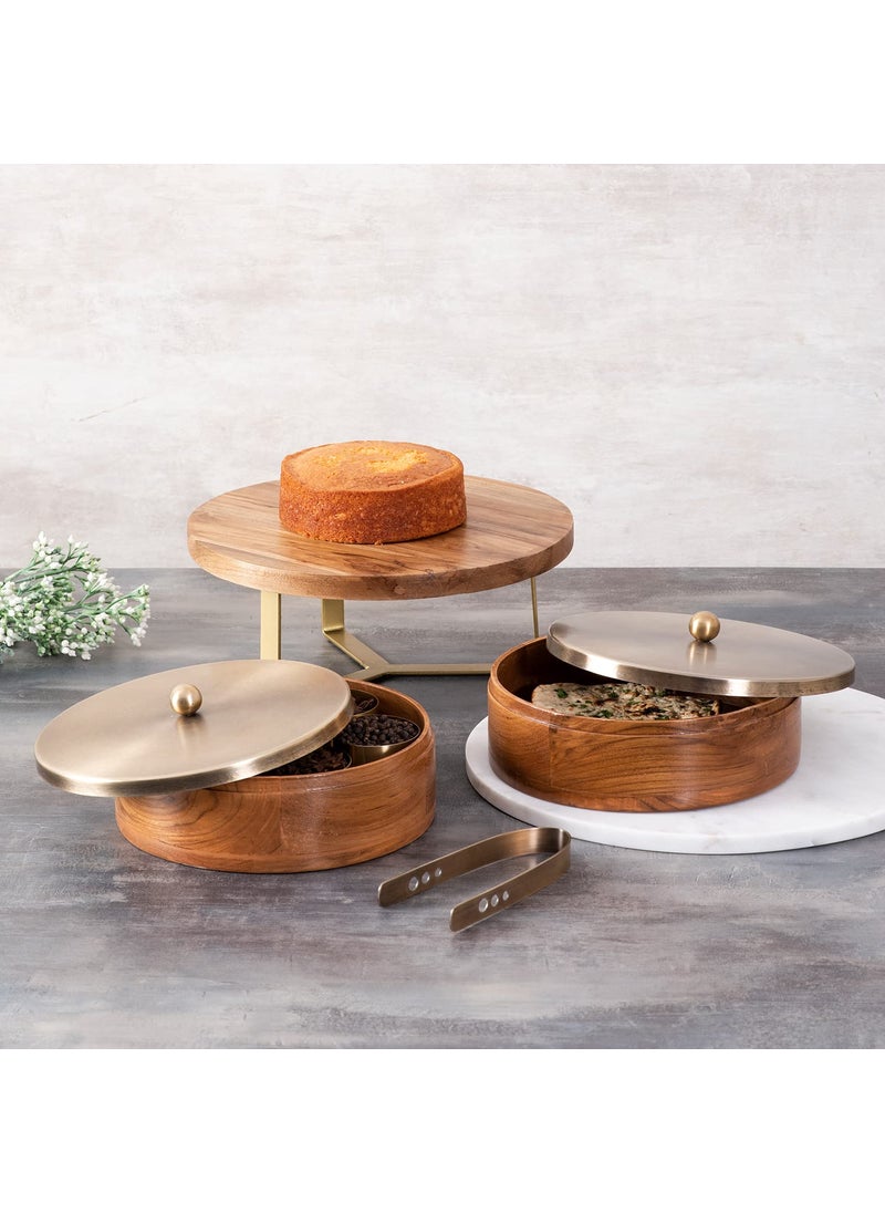 nestroots Masala Box Chapati Box for kitchen with Cake Stand for Party| Wooden spice jar with casserole roti box and cake stand combo (Gold)