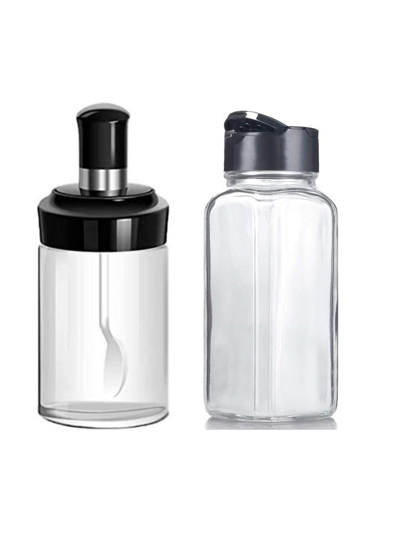 Ginoya Brothers 250 ML Glass Sauce Jar & Sugar Container Duo with Lid and Spoon- 1 Piece, Paired with 120 ML Spice Rack Featuring Square Spice Jars-1 Piece.