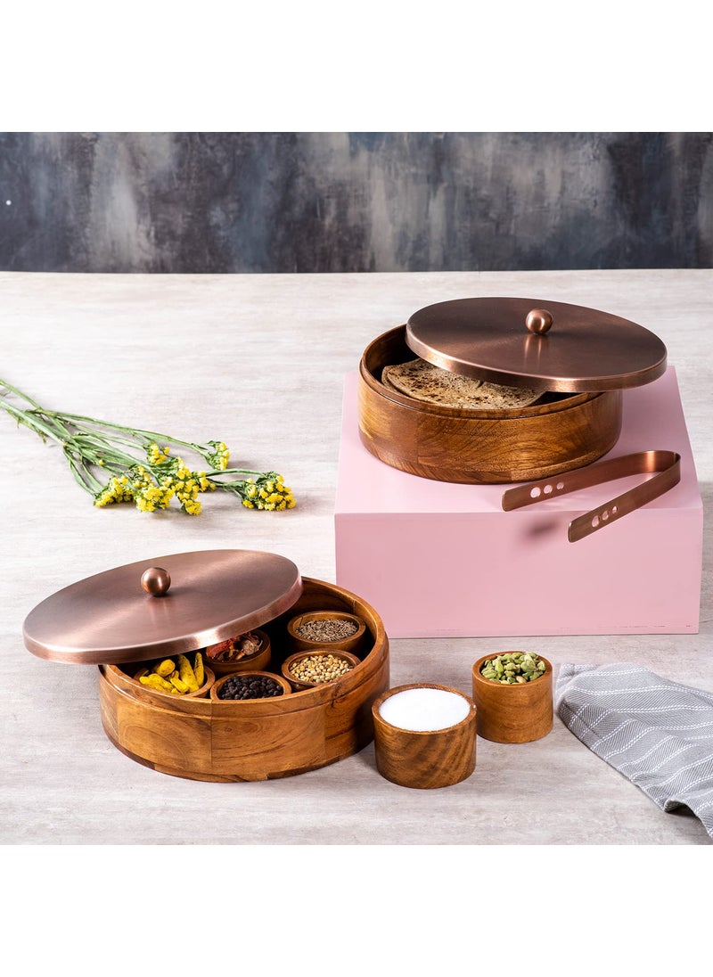 nestroots masala box & Chapati box for kitchen spice box | Anjarai petti for kitchen wooden masala box & casserole box for chapati combo (9 inch Dia, copper)