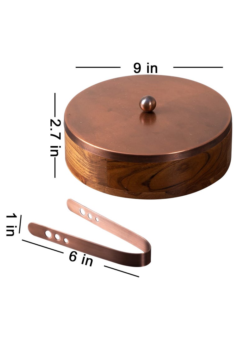 nestroots masala box & Chapati box for kitchen spice box | Anjarai petti for kitchen wooden masala box & casserole box for chapati combo (9 inch Dia, copper)