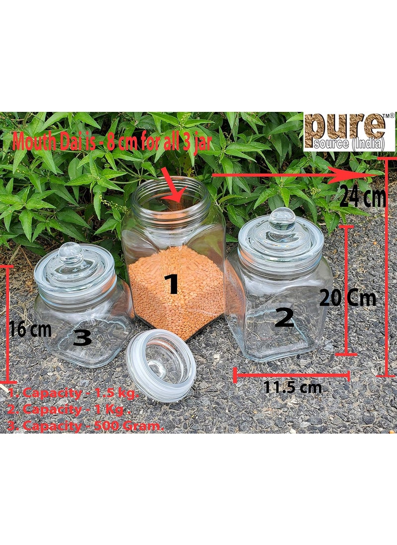 Pure Source India 3 In One Glass Spice Jar, 1.5 Kg, 1 Kg & 500 Gram, 1 Pcs Each, Clear