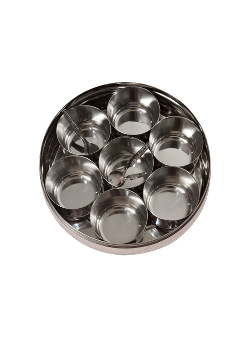 Super HK Stainless Steel Belly Shape Masala (Spice) Box/Dabba/Organiser with 7 Containers and 1 Small Spoon (Large: 9 Inches Diamter)