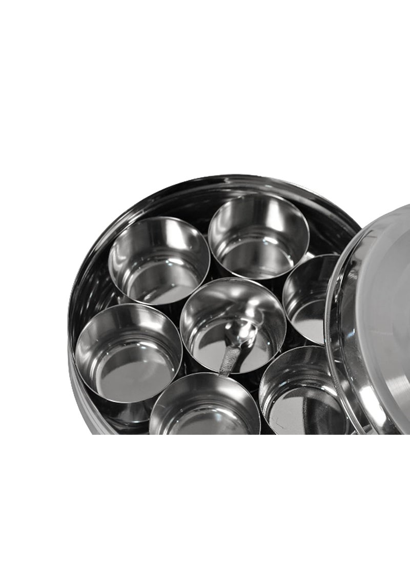 Super HK Stainless Steel Belly Shape Masala (Spice) Box/Dabba/Organiser with 7 Containers and 1 Small Spoon (Large: 9 Inches Diamter)