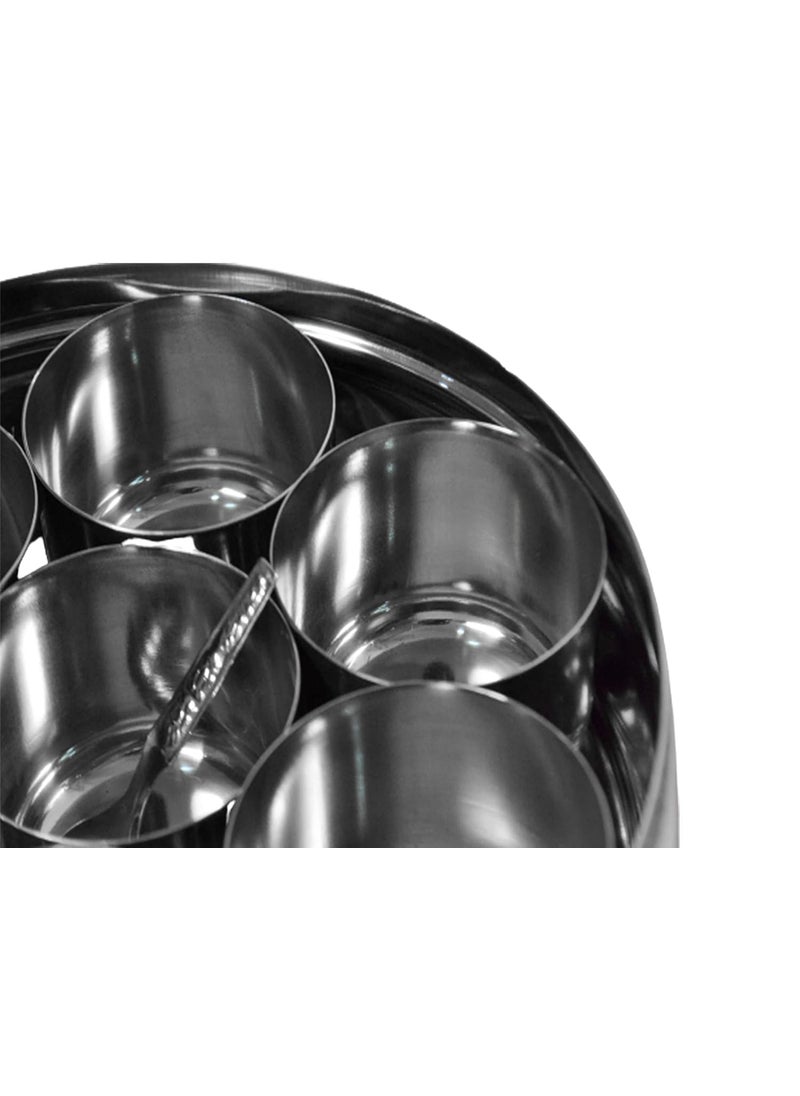 Super HK Stainless Steel Belly Shape Masala (Spice) Box/Dabba/Organiser with 7 Containers and 1 Small Spoon (Large: 9 Inches Diamter)