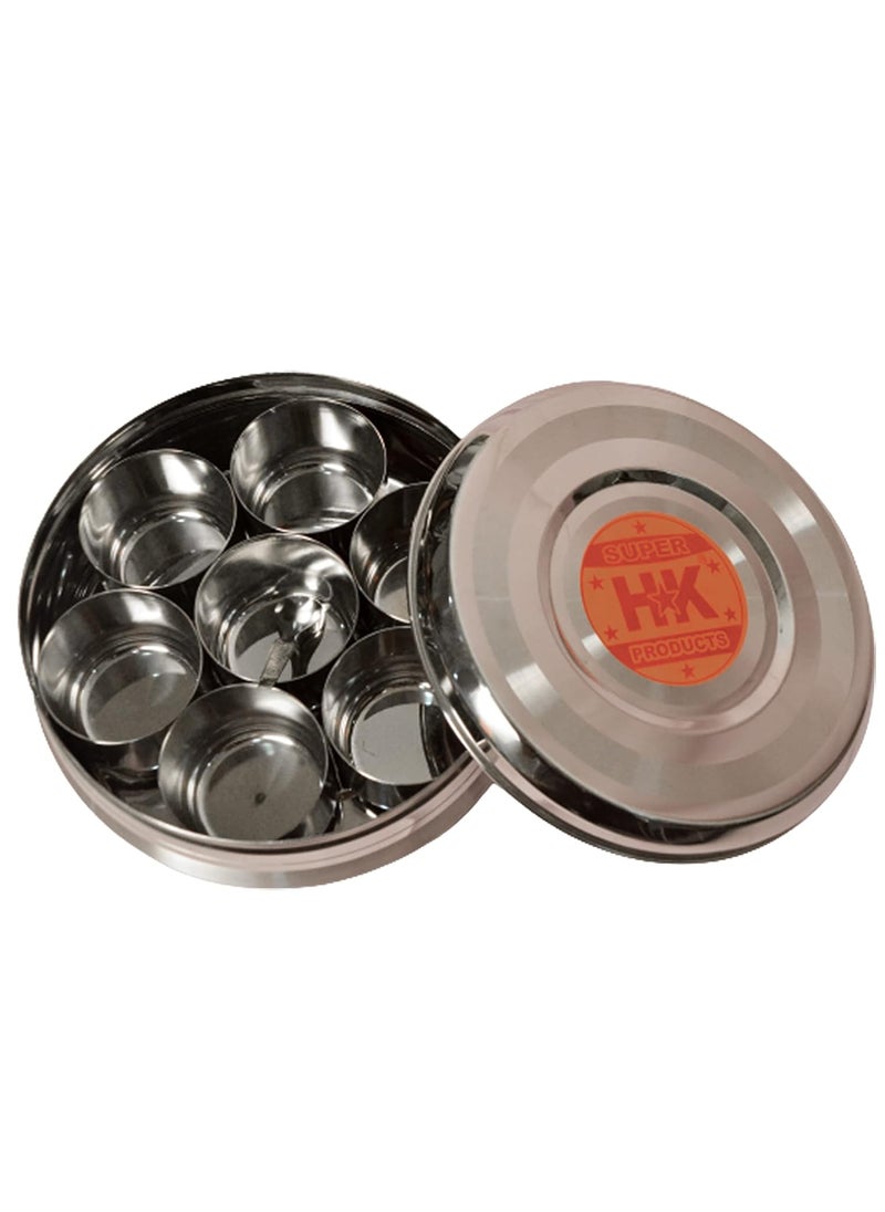 Super HK Stainless Steel Belly Shape Masala (Spice) Box/Dabba/Organiser with 7 Containers and 1 Small Spoon (Large: 9 Inches Diamter)