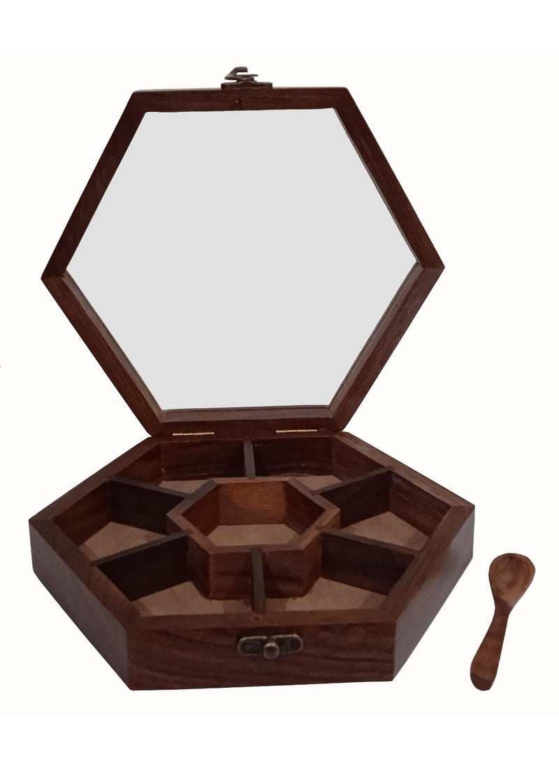 Purpledip Wooden Masala Spice Storage Box: 7 Slots for Spices Trinkets Jewellery (12336A)