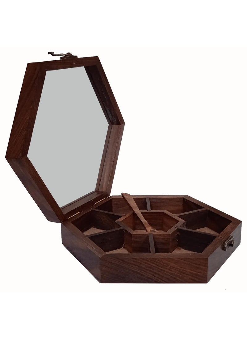 Purpledip Wooden Masala Spice Storage Box: 7 Slots for Spices Trinkets Jewellery (12336A)