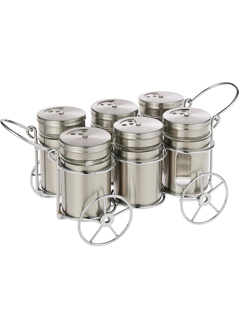 HOMIES, Premium Wheelcart Design Tabletop 6 Pcs Glass Spice Jar Set With Stainless Steel Stand