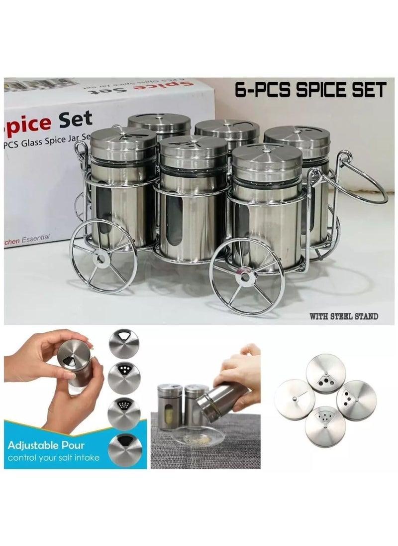 HOMIES, Premium Wheelcart Design Tabletop 6 Pcs Glass Spice Jar Set With Stainless Steel Stand