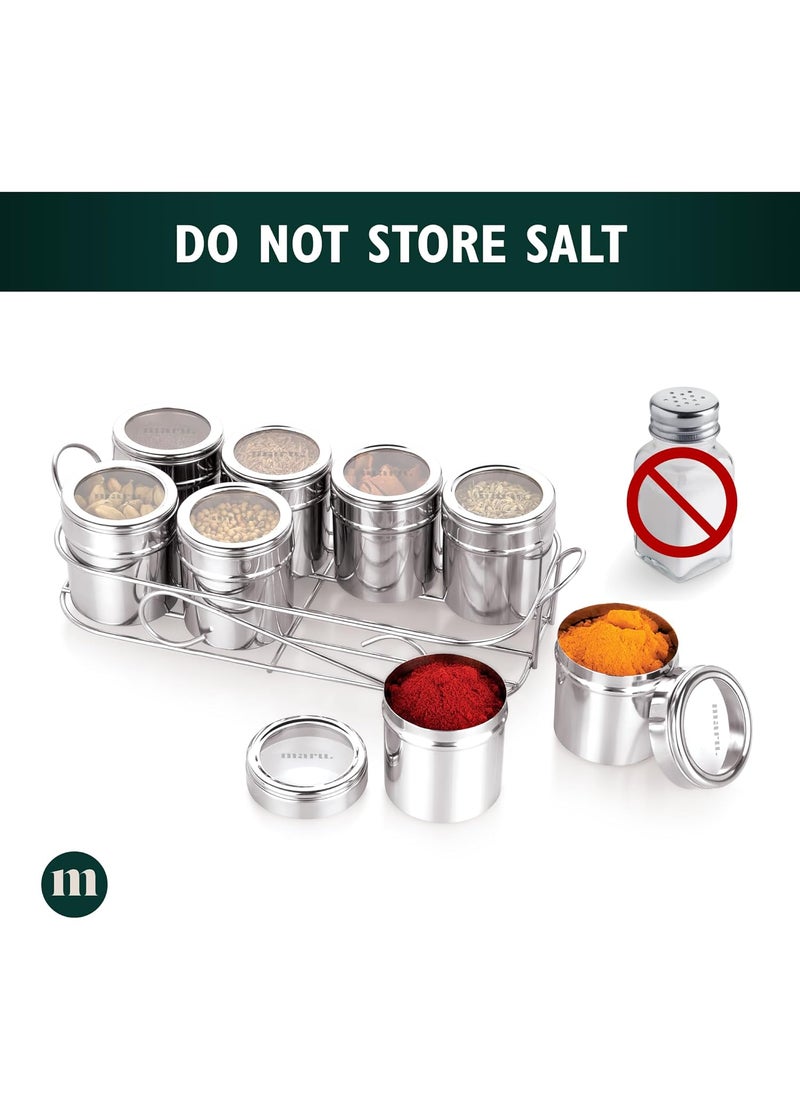 MARU 8 in 1 Stainless Steel Masala Boxes for Kitchen - 140ml Each Airtight Containers, Multipurpose Storage Dabba with See-Through Design & Easy Push Lid, Perfect Organizer for Spices, Herbs & More