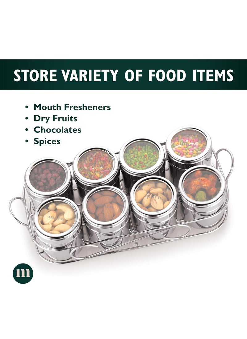 MARU 8 in 1 Stainless Steel Masala Boxes for Kitchen - 140ml Each Airtight Containers, Multipurpose Storage Dabba with See-Through Design & Easy Push Lid, Perfect Organizer for Spices, Herbs & More