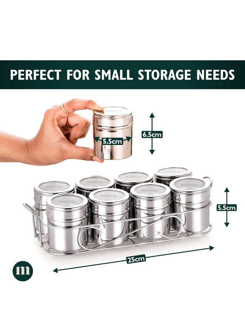 MARU 8 in 1 Stainless Steel Masala Boxes for Kitchen - 140ml Each Airtight Containers, Multipurpose Storage Dabba with See-Through Design & Easy Push Lid, Perfect Organizer for Spices, Herbs & More
