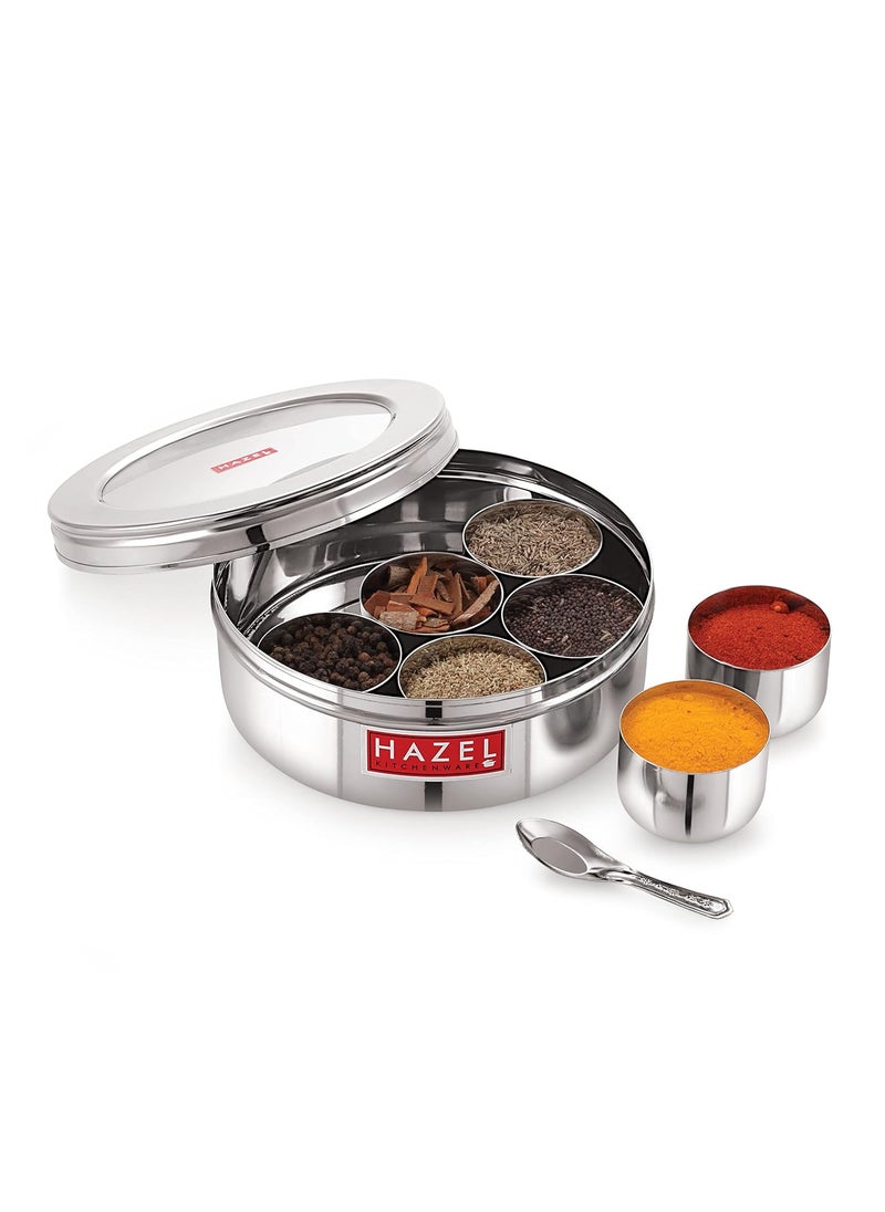 HAZEL Stainless Steel Masala Box for Kitchen | Spice Containers for Kitchen Storage | Masala Dani for Kitchen with 7 Containers & Spoon