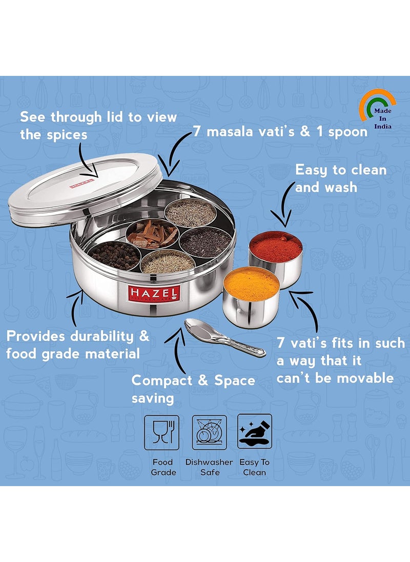 HAZEL Stainless Steel Masala Box for Kitchen | Spice Containers for Kitchen Storage | Masala Dani for Kitchen with 7 Containers & Spoon