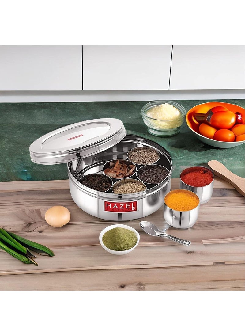 HAZEL Stainless Steel Masala Box for Kitchen | Spice Containers for Kitchen Storage | Masala Dani for Kitchen with 7 Containers & Spoon