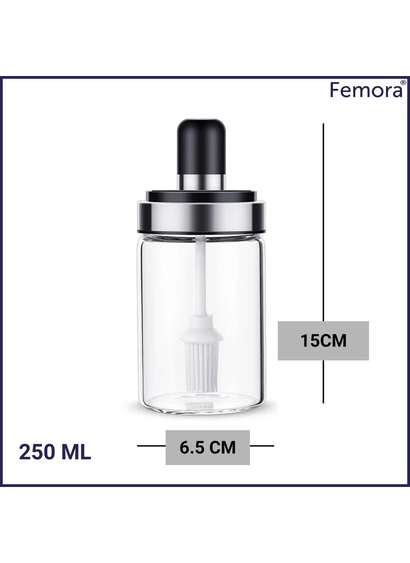 Femora Borosilicate Glass Food Storage Oil Butter Jar with Brush 250ml Set of 2, Transaparent