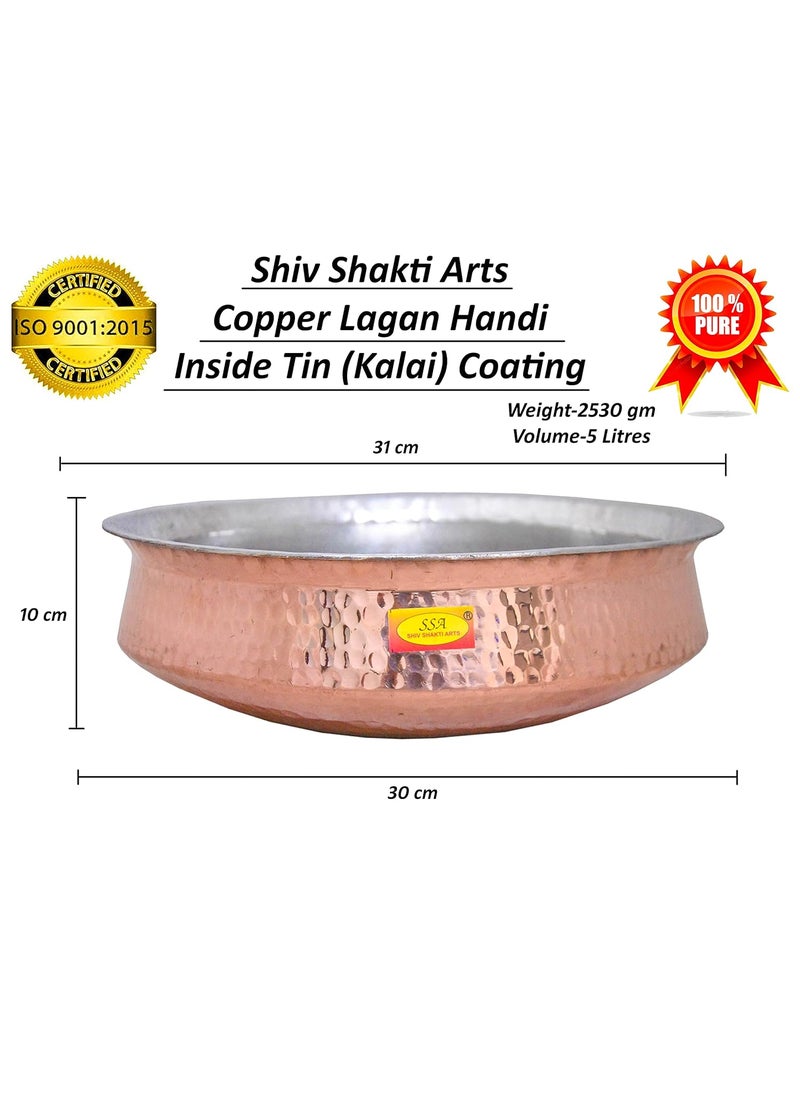 Shiv Shakti Arts Pure Copper Hammered Lagan Handi Chaffing Dish Pan with Tin Lining, Cookware and Serveware,5 litres, Brown