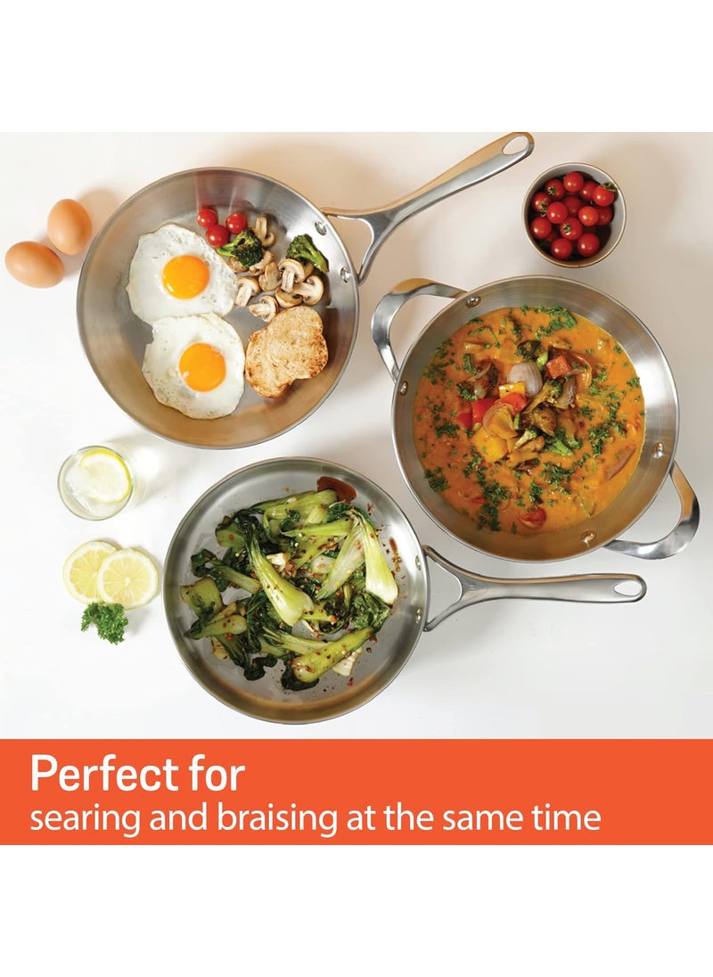 Meyer Select Nickel Free Stainless Steel 28cm Frypan + 30cm Kadhai | Kadai with Lid, 3 Piece Cookware Set (Induction & Gas Compatible), Silver