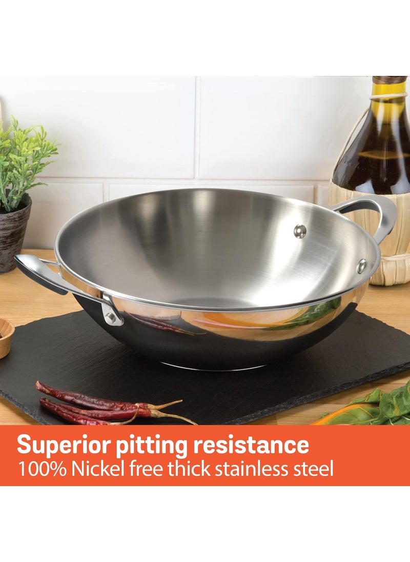 Meyer Select Nickel Free Stainless Steel 28cm Frypan + 30cm Kadhai | Kadai with Lid, 3 Piece Cookware Set (Induction & Gas Compatible), Silver