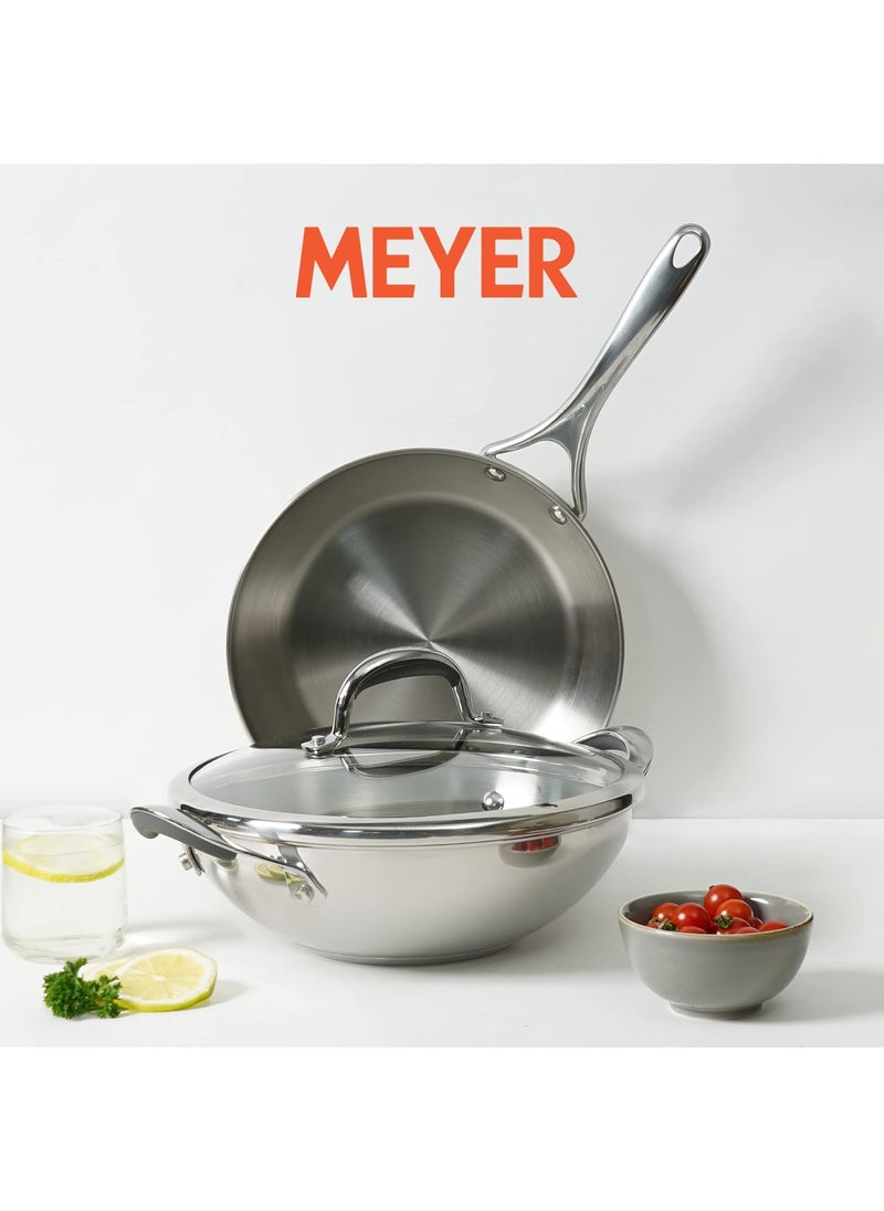 Meyer Select Nickel Free Stainless Steel 28cm Frypan + 30cm Kadhai | Kadai with Lid, 3 Piece Cookware Set (Induction & Gas Compatible), Silver