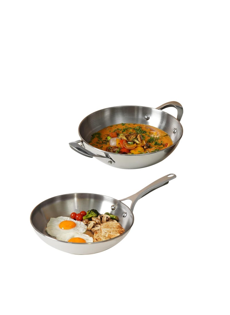 Meyer Select Nickel Free Stainless Steel 28cm Frypan + 30cm Kadhai | Kadai with Lid, 3 Piece Cookware Set (Induction & Gas Compatible), Silver