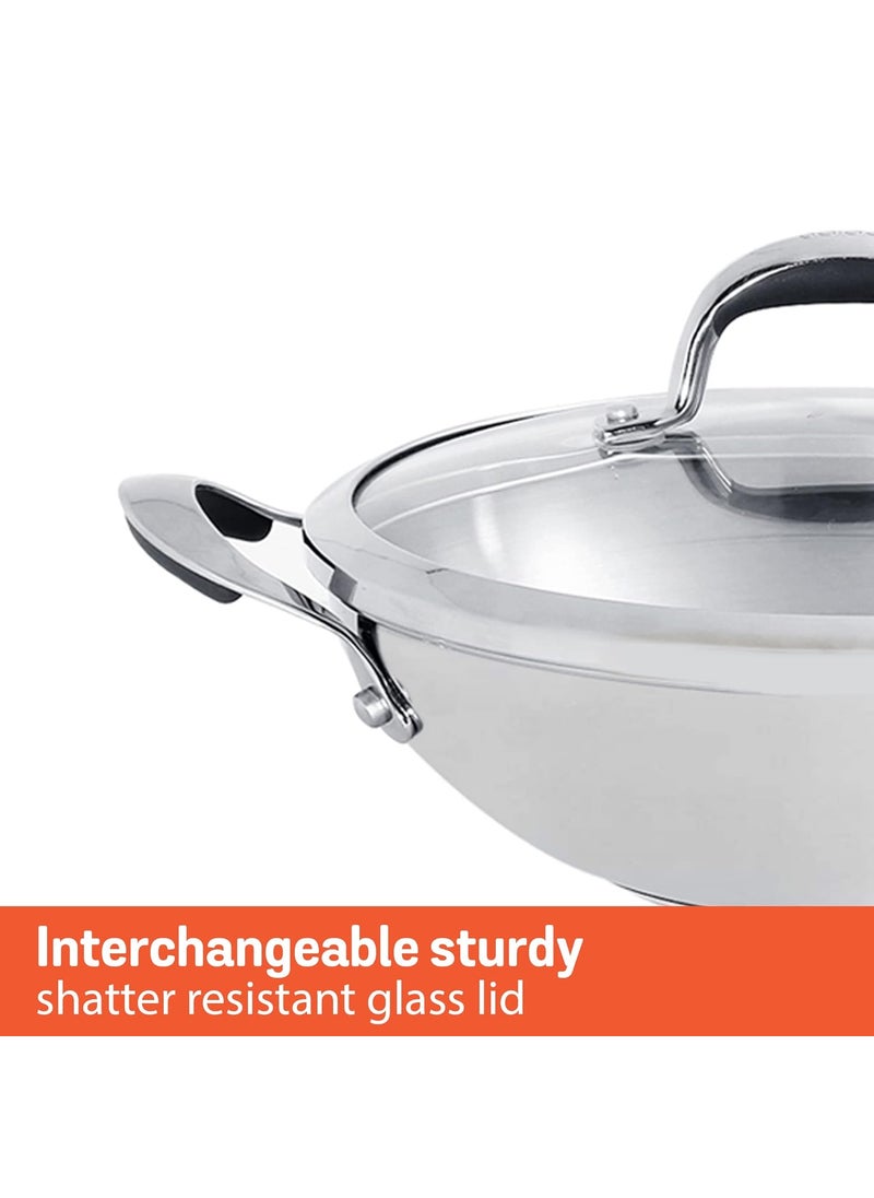 Meyer Select Nickel Free Stainless Steel 28cm Frypan + 30cm Kadhai | Kadai with Lid, 3 Piece Cookware Set (Induction & Gas Compatible), Silver