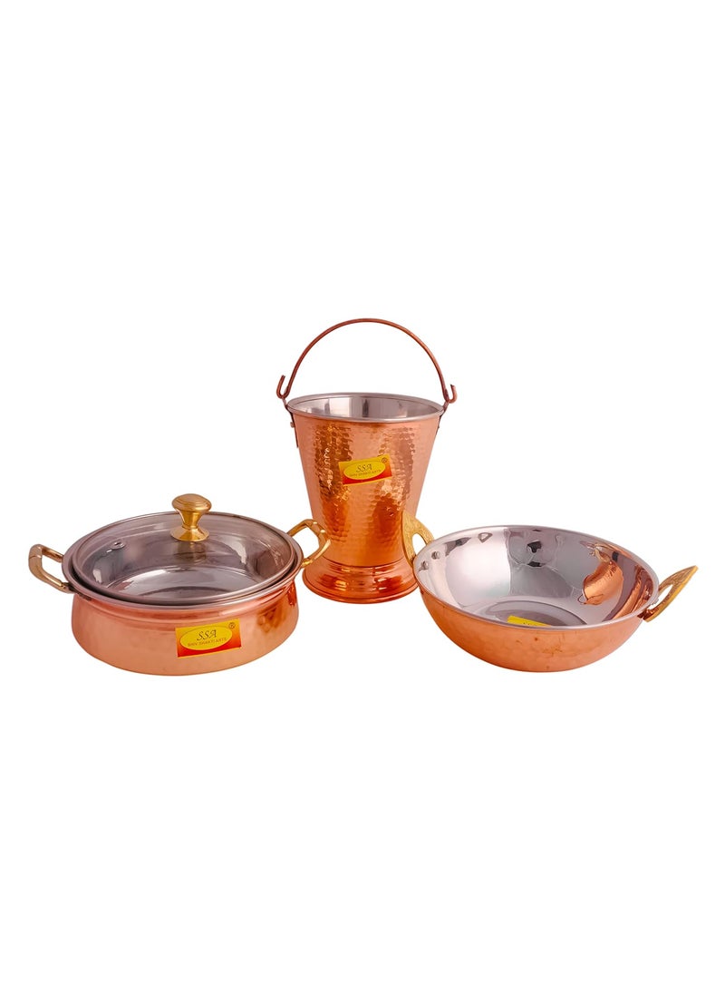 Shiv Shakti Arts® Copper Tableware Serving Set | Dinnerware Combo Set (Bucket, Kadhai, Handi), 3 Pieces Set