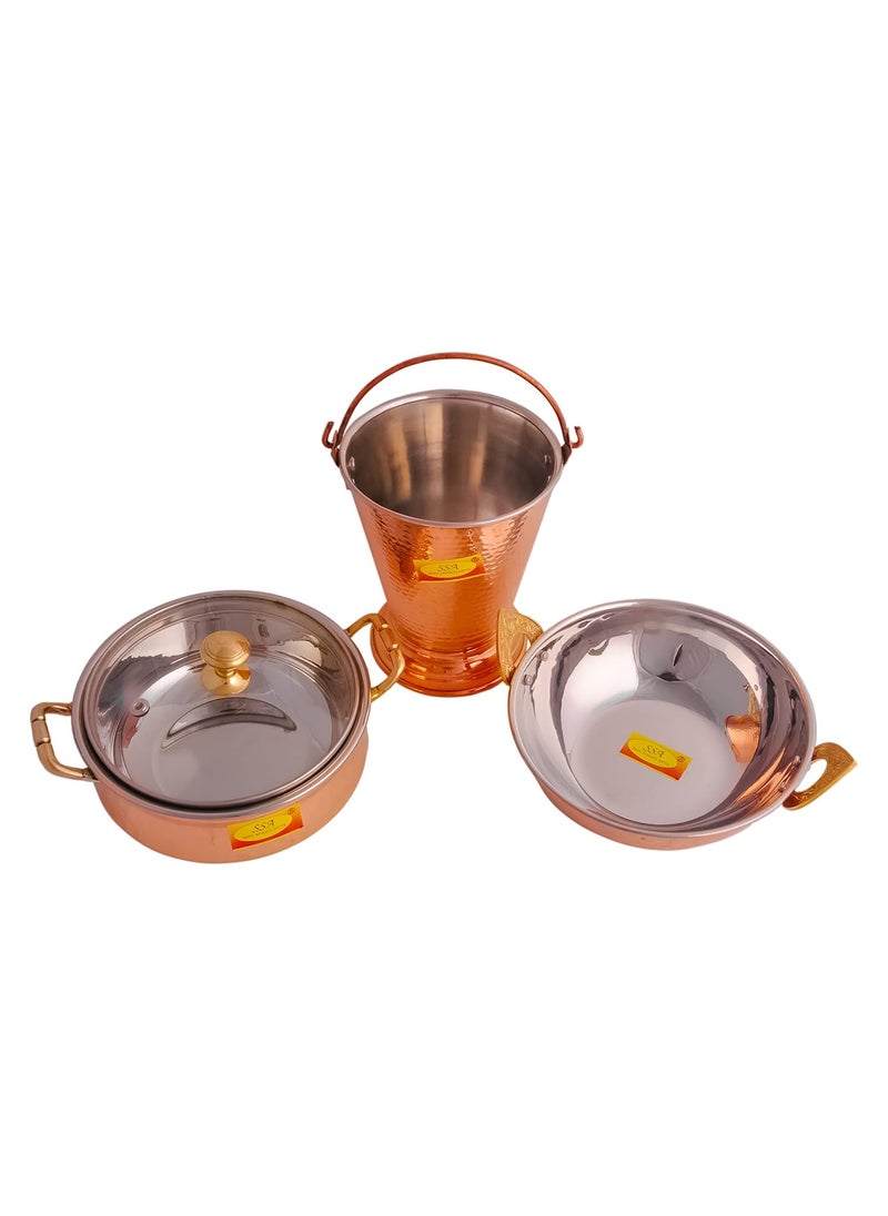 Shiv Shakti Arts® Copper Tableware Serving Set | Dinnerware Combo Set (Bucket, Kadhai, Handi), 3 Pieces Set