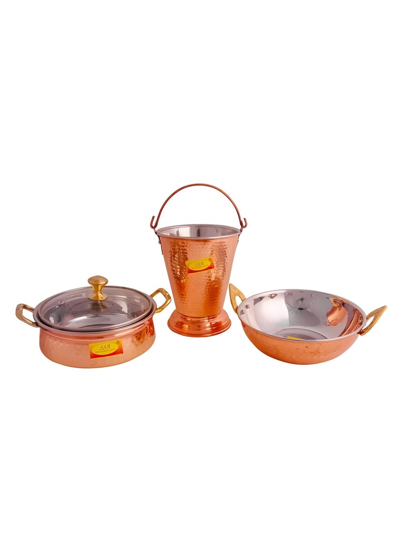Shiv Shakti Arts® Copper Tableware Serving Set | Dinnerware Combo Set (Bucket, Kadhai, Handi), 3 Pieces Set