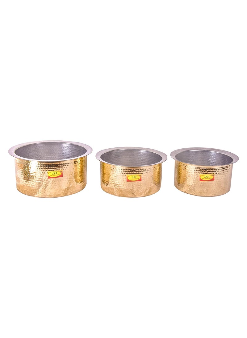 Shiv Shakti Arts Brass Bhagoni Patila Set with Lid Inside Tin Coating for Cooking Purposes for Home and Restaurant (3 Piece Set)