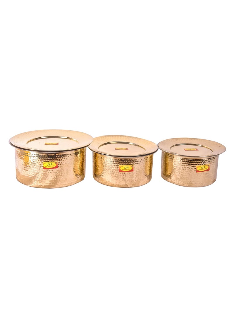 Shiv Shakti Arts Brass Bhagoni Patila Set with Lid Inside Tin Coating for Cooking Purposes for Home and Restaurant (3 Piece Set)