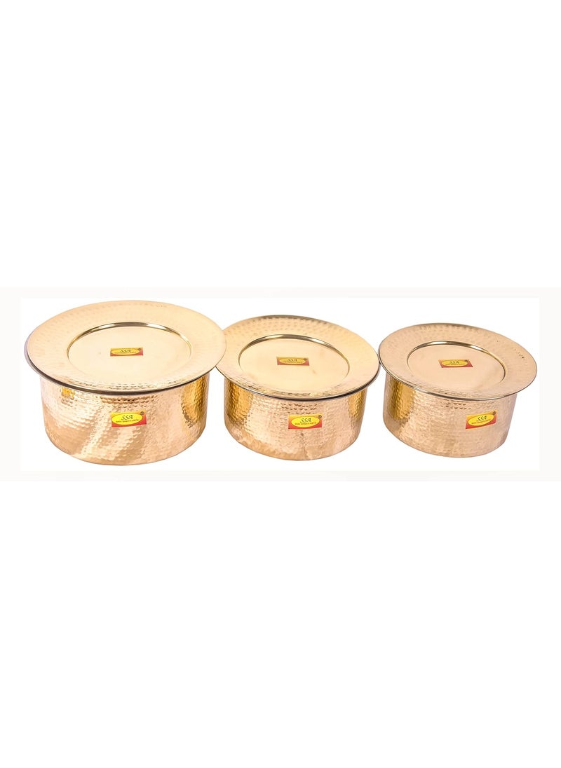 Shiv Shakti Arts Brass Bhagoni Patila Set with Lid Inside Tin Coating for Cooking Purposes for Home and Restaurant (3 Piece Set)