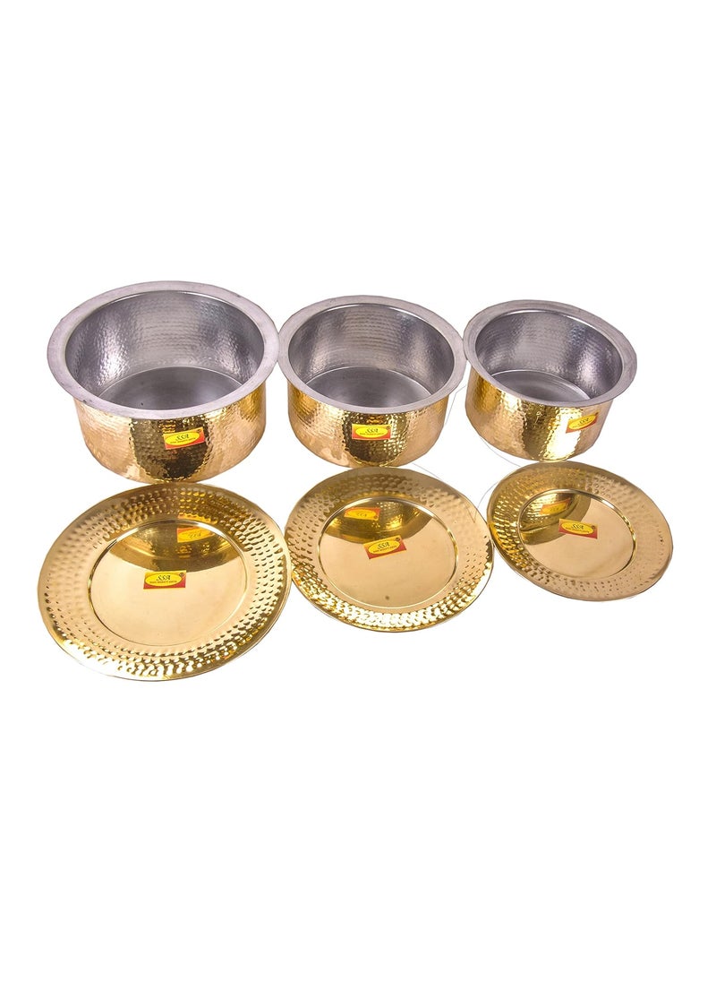 Shiv Shakti Arts Brass Bhagoni Patila Set with Lid Inside Tin Coating for Cooking Purposes for Home and Restaurant (3 Piece Set)