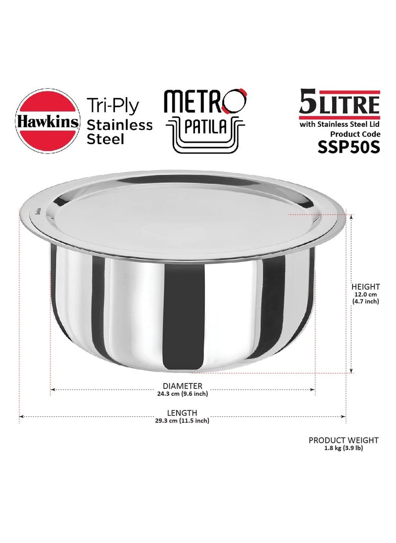 Hawkins Triply Stainless Steel 3 pc Tope Set with Capacity of 3 litres, 4 litres & 5 litres with Stainless Steel Lids (Gas Stove and Induction Friendly - Oven Safe) 5 Years Guarantee