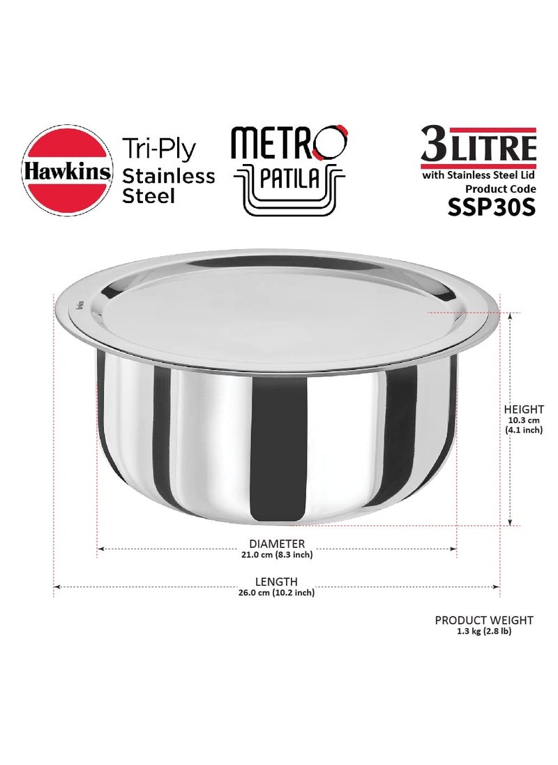 Hawkins Triply Stainless Steel 3 pc Tope Set with Capacity of 3 litres, 4 litres & 5 litres with Stainless Steel Lids (Gas Stove and Induction Friendly - Oven Safe) 5 Years Guarantee