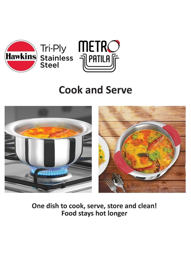Hawkins Tri-Ply Stainless Steel Kadhai (Deep-Fry Pan) and Patila/Cook-n-Serve Combo (2, 2.5 L Kadai + 2.5 L Patila)