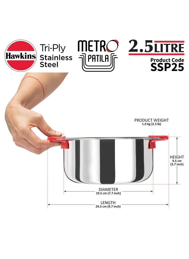 Hawkins Tri-Ply Stainless Steel Kadhai (Deep-Fry Pan) and Patila/Cook-n-Serve Combo (2, 2.5 L Kadai + 2.5 L Patila)