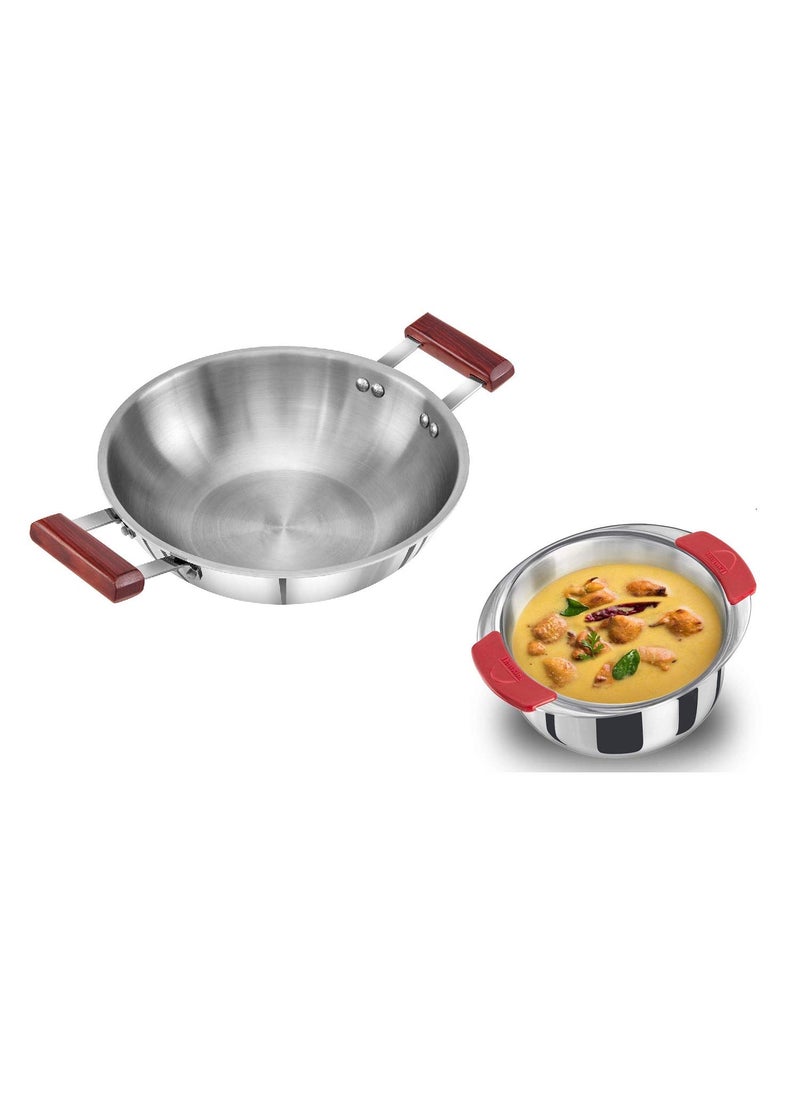 Hawkins Tri-Ply Stainless Steel Kadhai (Deep-Fry Pan) and Patila/Cook-n-Serve Combo (2, 2.5 L Kadai + 2.5 L Patila)